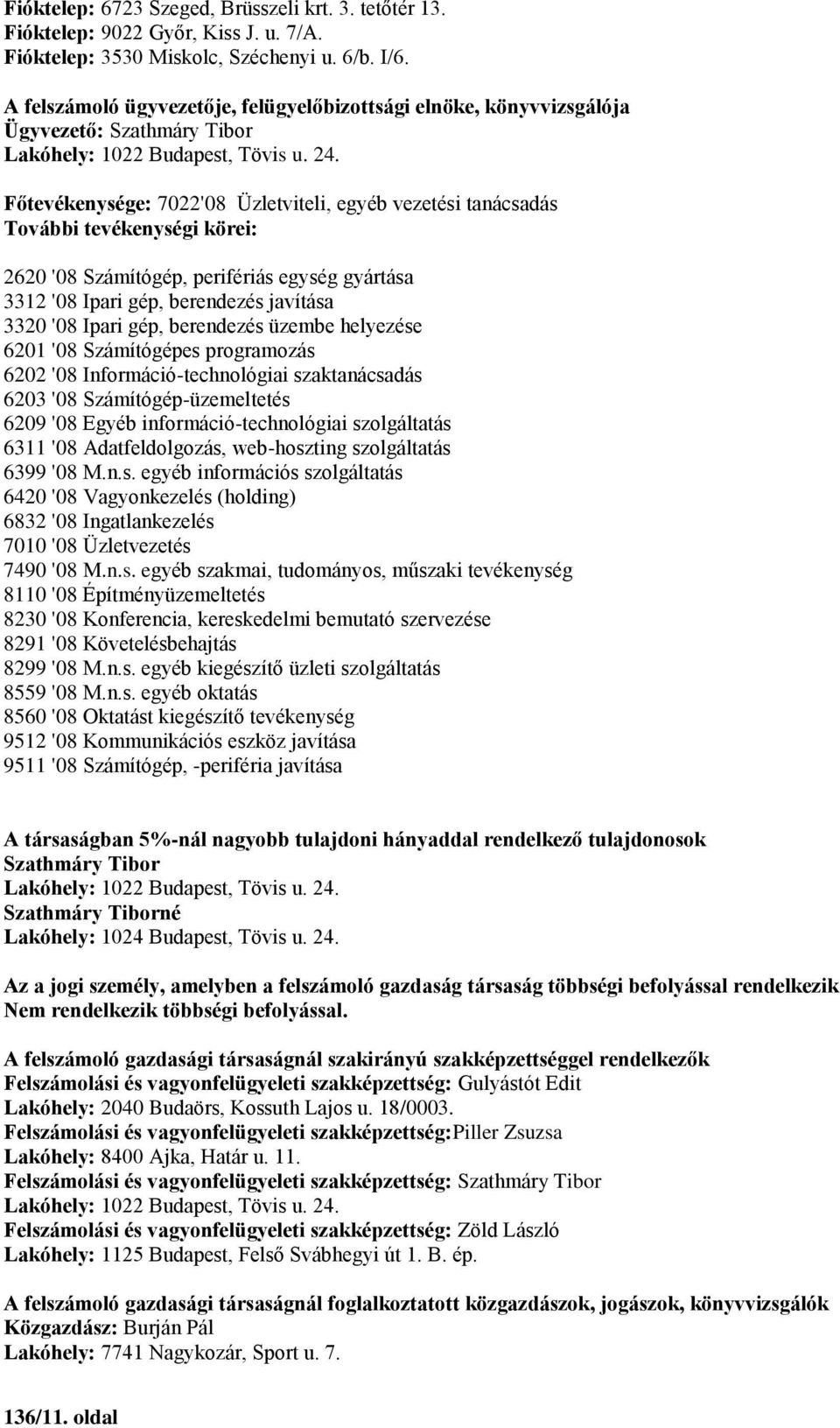 helyezése 6201 '08 Számítógépes programozás 6202 '08 Információ-technológiai szaktanácsadás 6203 '08 Számítógép-üzemeltetés 6209 '08 Egyéb információ-technológiai szolgáltatás 6311 '08