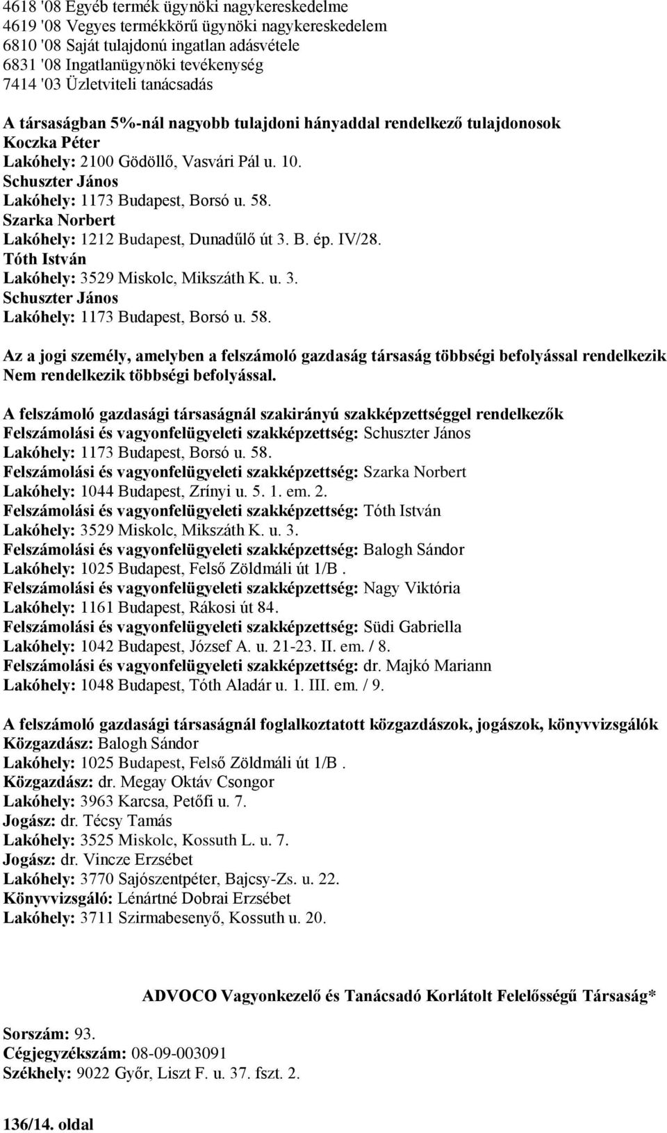 IV/28. Tóth István Lakóhely: 3529 Miskolc, Mikszáth K. u. 3. Schuszter János Lakóhely: 1173 Budapest, Borsó u. 58.