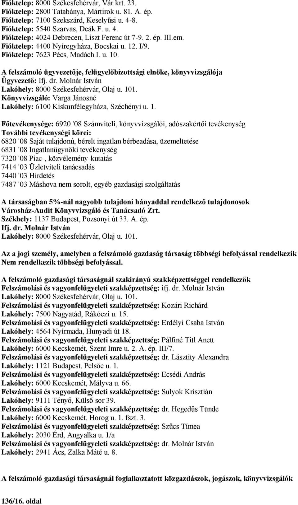 Könyvvizsgáló: Varga Jánosné Lakóhely: 6100 Kiskunfélegyháza, Széchényi u. 1.