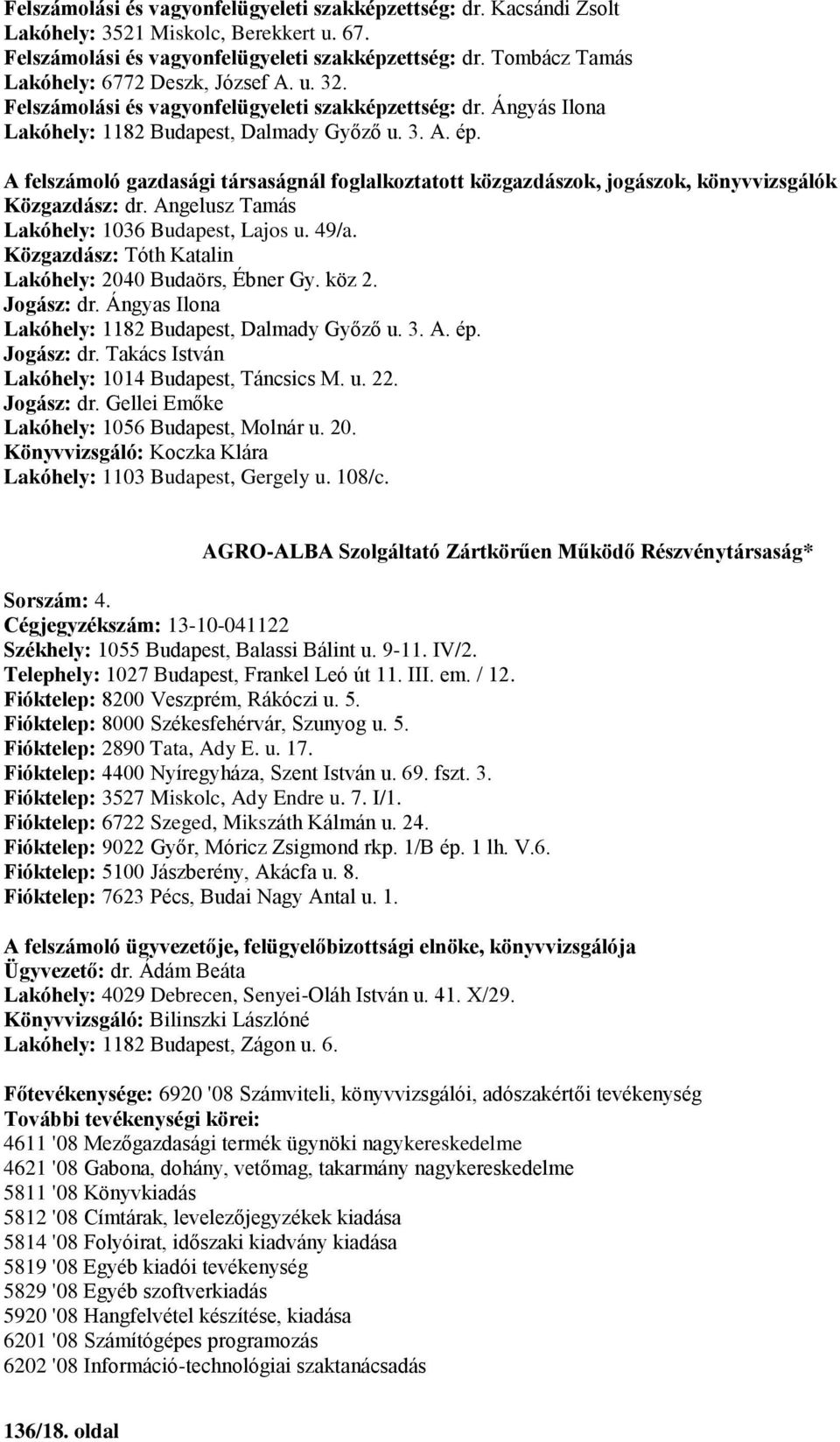 Angelusz Tamás Lakóhely: 1036 Budapest, Lajos u. 49/a. Közgazdász: Tóth Katalin Lakóhely: 2040 Budaörs, Ébner Gy. köz 2. Jogász: dr. Ángyas Ilona Lakóhely: 1182 Budapest, Dalmady Győző u. 3. A. ép.