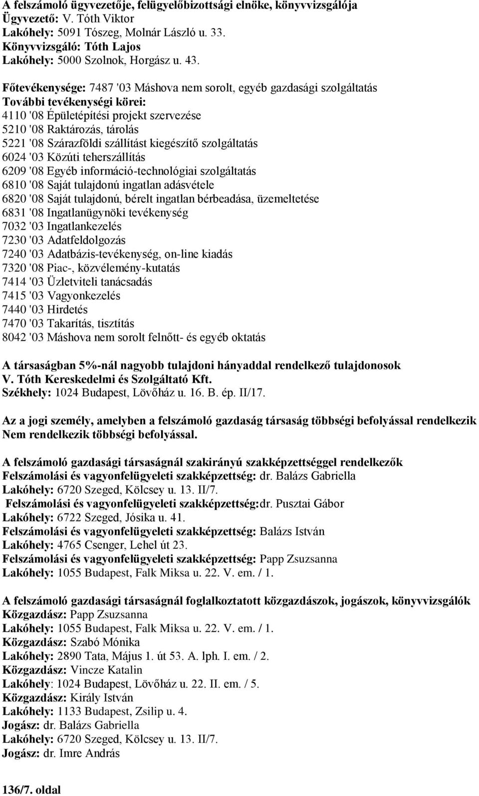 szolgáltatás 6024 '03 Közúti teherszállítás 6209 '08 Egyéb információ-technológiai szolgáltatás 6810 '08 Saját tulajdonú ingatlan adásvétele 6820 '08 Saját tulajdonú, bérelt ingatlan bérbeadása,