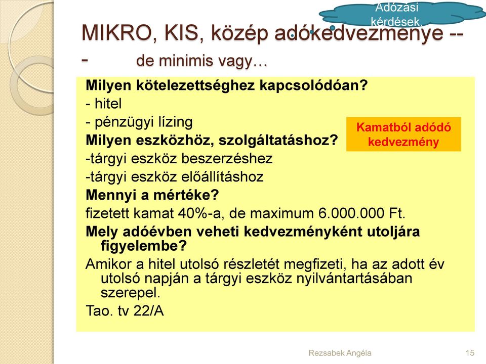 fizetett kamat 40%-a, de maximum 6.000.000 Ft. Mely adóévben veheti kedvezményként utoljára figyelembe?