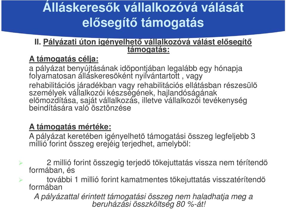 rehabilitációs járadékban vagy rehabilitációs ellátásban részesülő személyek vállalkozói készségének, hajlandóságának előmozdítása, saját vállalkozás, illetve vállalkozói tevékenység beindítására