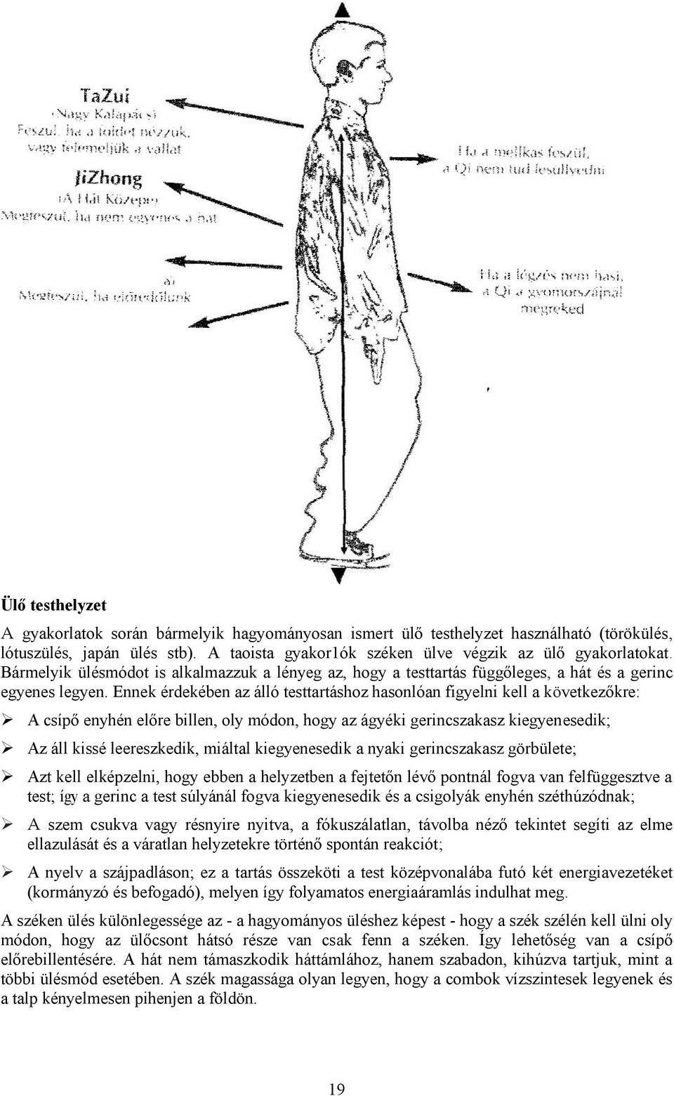 Ennek érdekében az álló testtartáshoz hasonlóan figyelni kell a következőkre: A csípő enyhén előre billen, oly módon, hogy az ágyéki gerincszakasz kiegyenesedik; Az áll kissé leereszkedik, miáltal