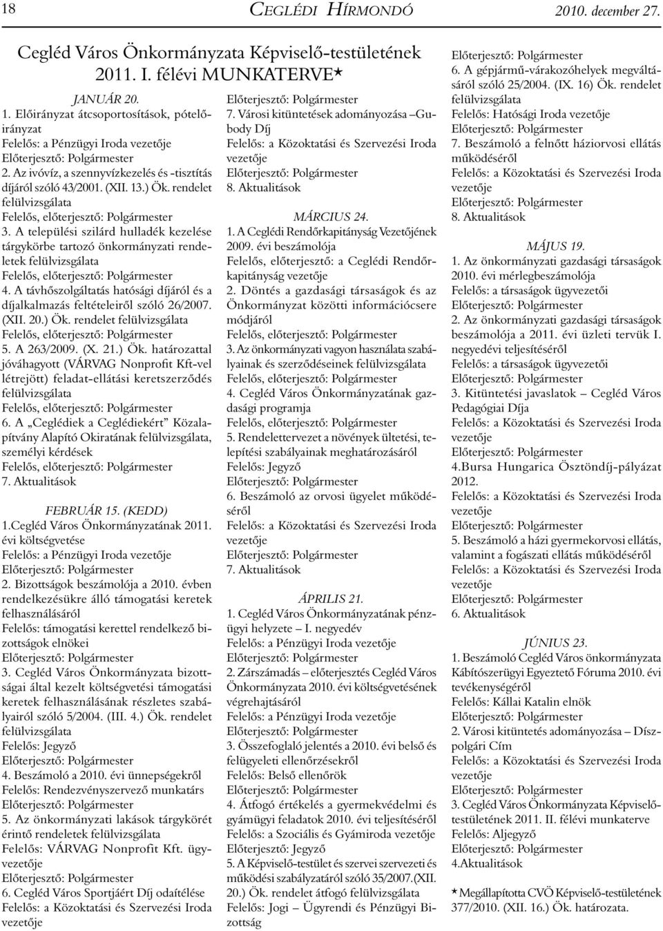 rendelet felülvizsgálata Felelős, előterjesztő: Polgármester 3.