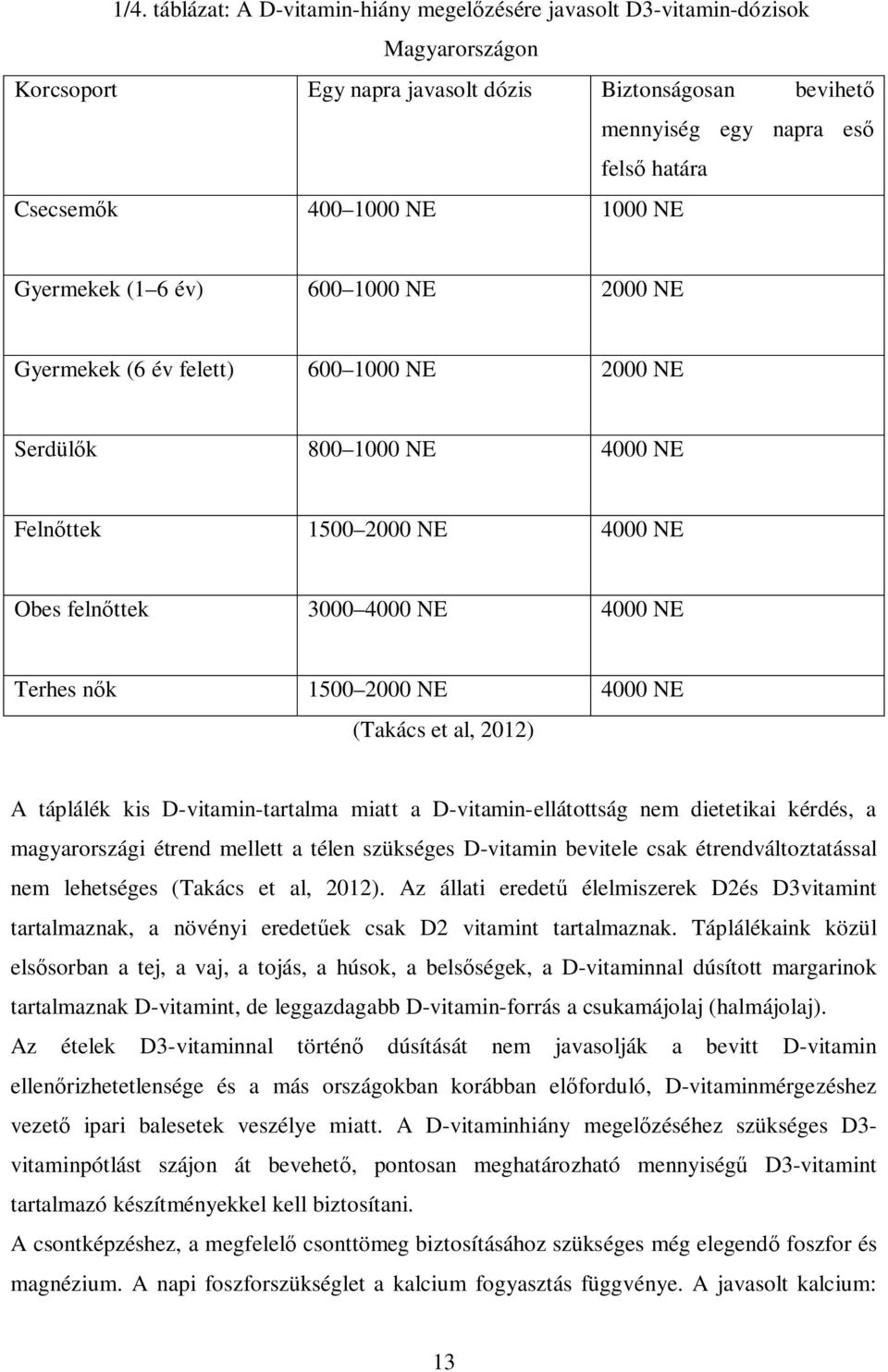 Terhes n k 1500 2000 NE 4000 NE (Takács et al, 2012) A táplálék kis D-vitamin-tartalma miatt a D-vitamin-ellátottság nem dietetikai kérdés, a magyarországi étrend mellett a télen szükséges D-vitamin