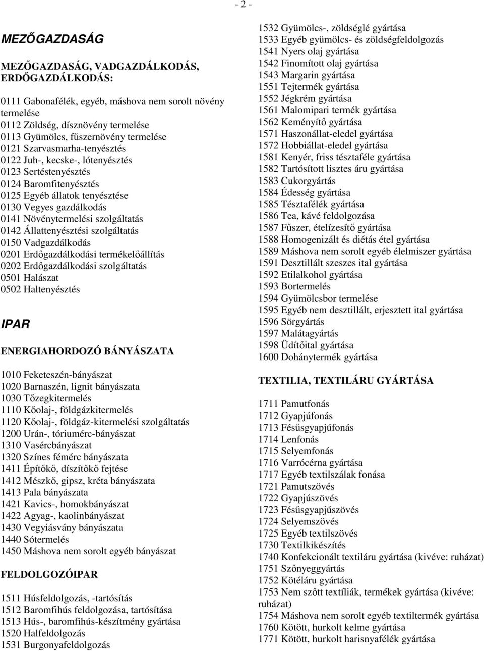 0142 Állattenyésztési szolgáltatás 0150 Vadgazdálkodás 0201 Erdőgazdálkodási termékelőállítás 0202 Erdőgazdálkodási szolgáltatás 0501 Halászat 0502 Haltenyésztés IPAR ENERGIAHORDOZÓ BÁNYÁSZATA 1010