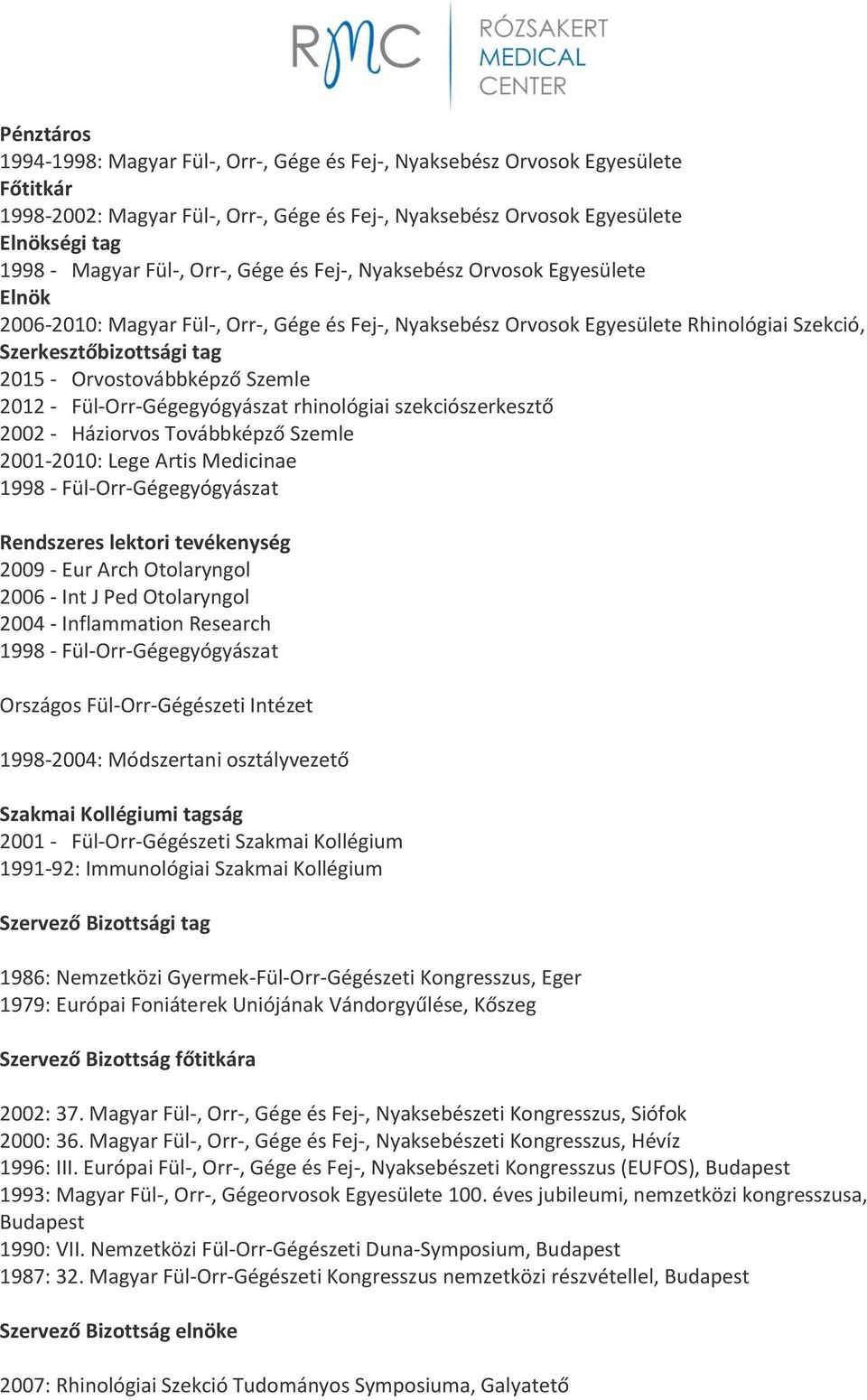 Orvostovábbképző Szemle 2012 - Fül-Orr-Gégegyógyászat rhinológiai szekciószerkesztő 2002 - Háziorvos Továbbképző Szemle 2001-2010: Lege Artis Medicinae 1998 - Fül-Orr-Gégegyógyászat Rendszeres