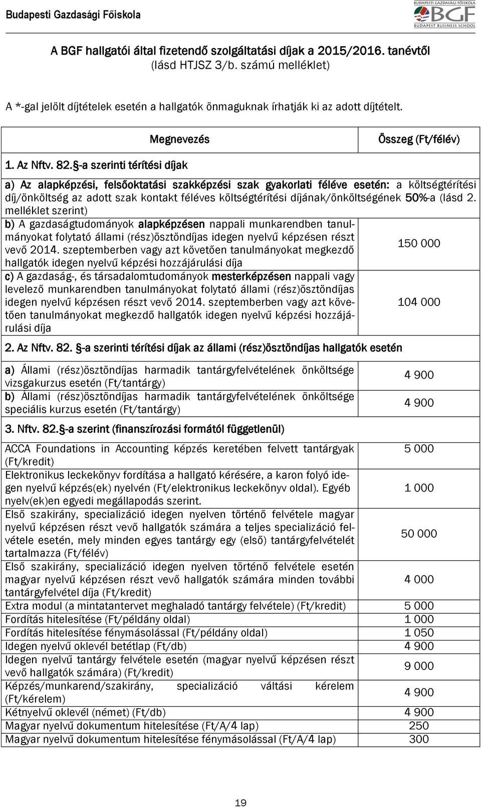 -a szerinti térítési díjak a) Az alapképzési, felsőoktatási szakképzési szak gyakorlati féléve esetén: a költségtérítési díj/önköltség az adott szak kontakt féléves költségtérítési