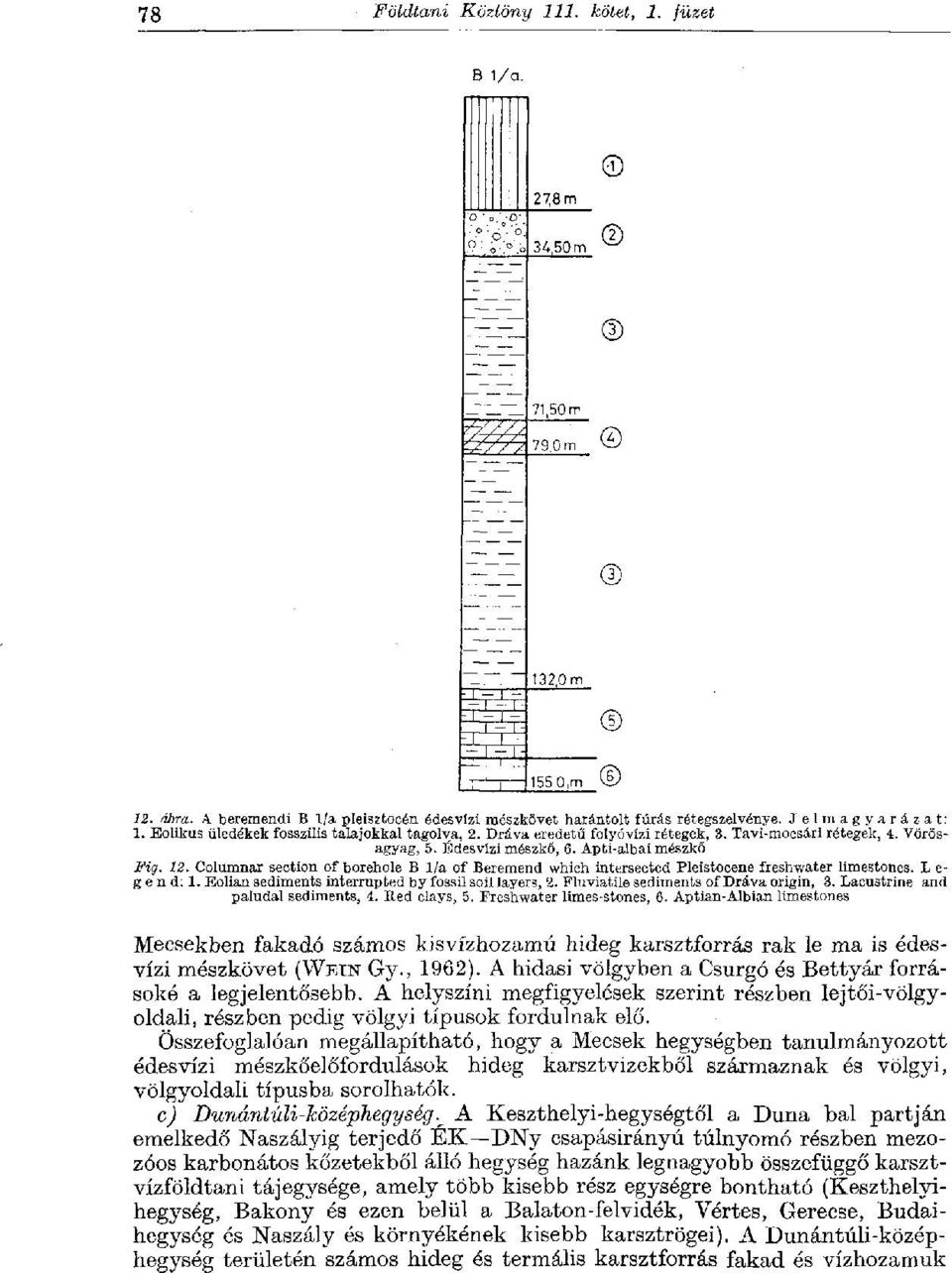 Columnar section of borehole В 1/a of Beremend which intersected Pleistocene freshwater limestones. L e- g e n d: 1. Eolian sediments interrupted by fossil soil layers, 2.