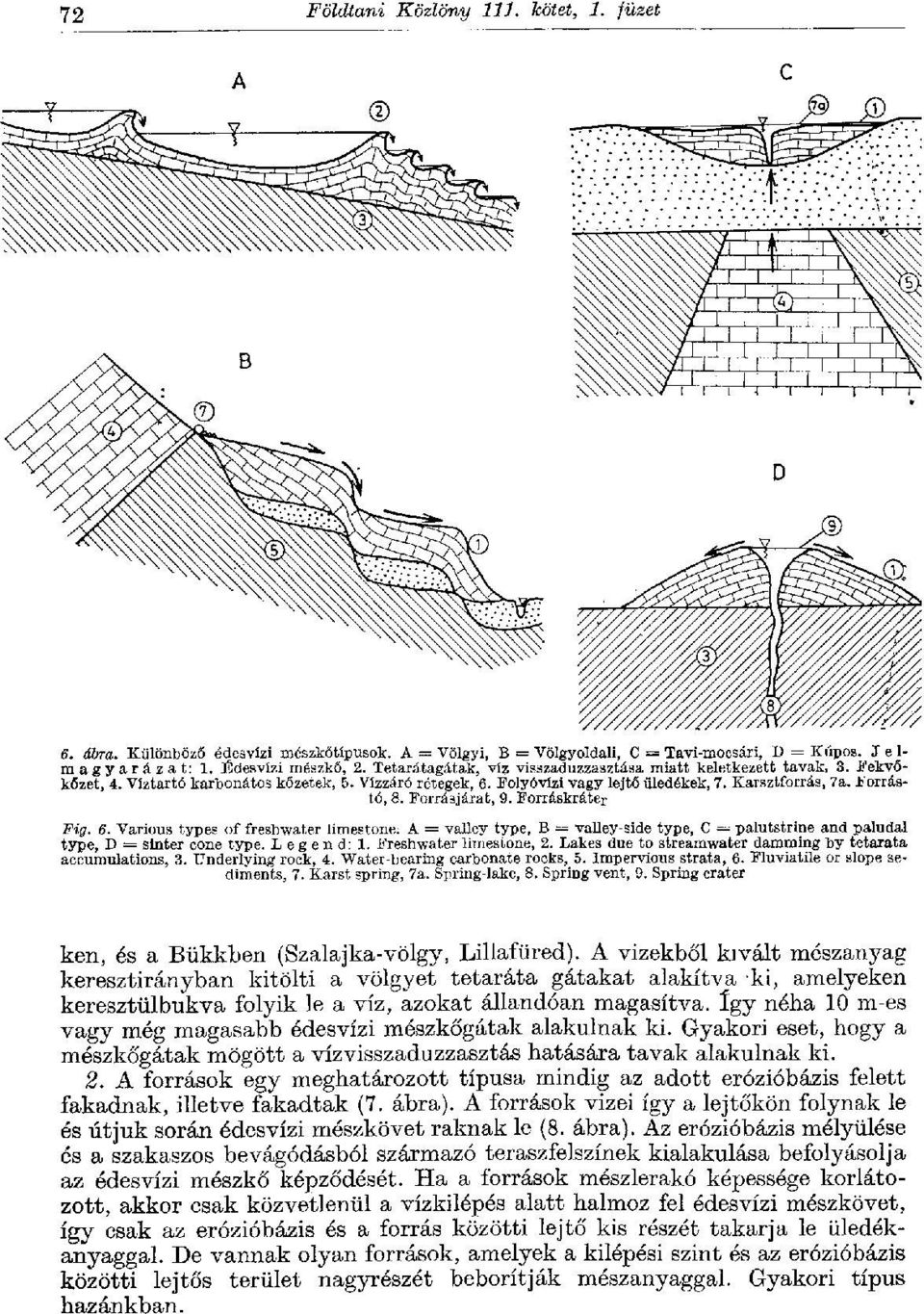 Forrásjárat, 9. Forráskráter Fig. в. Various types of freshwater limestone. A = valley type, В = valley-side type, С = palutstrine and paludal type, D = sinter cone type. Legend: 1.