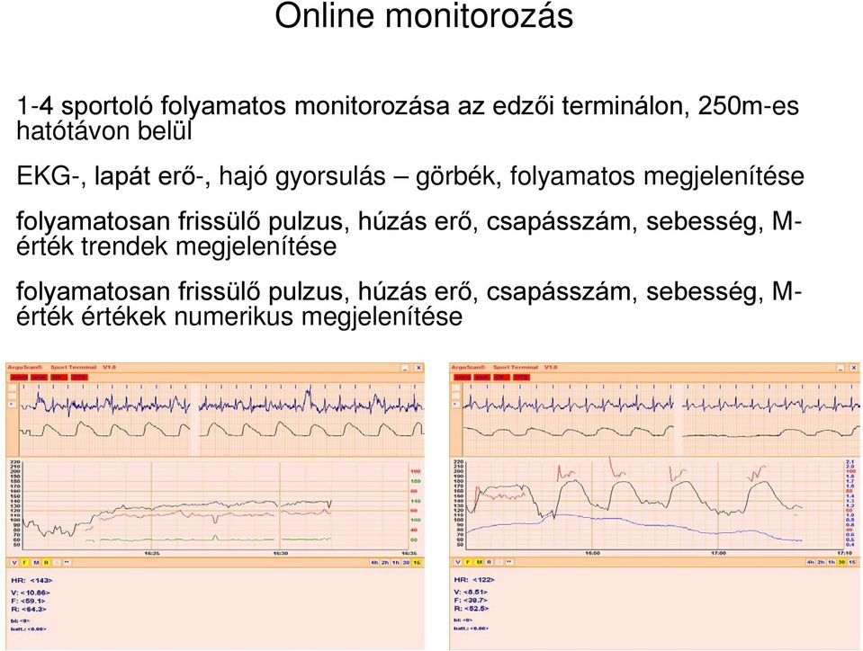 folyamatosan frissülő pulzus, húzás erő, csapásszám, sebesség, M- érték trendek