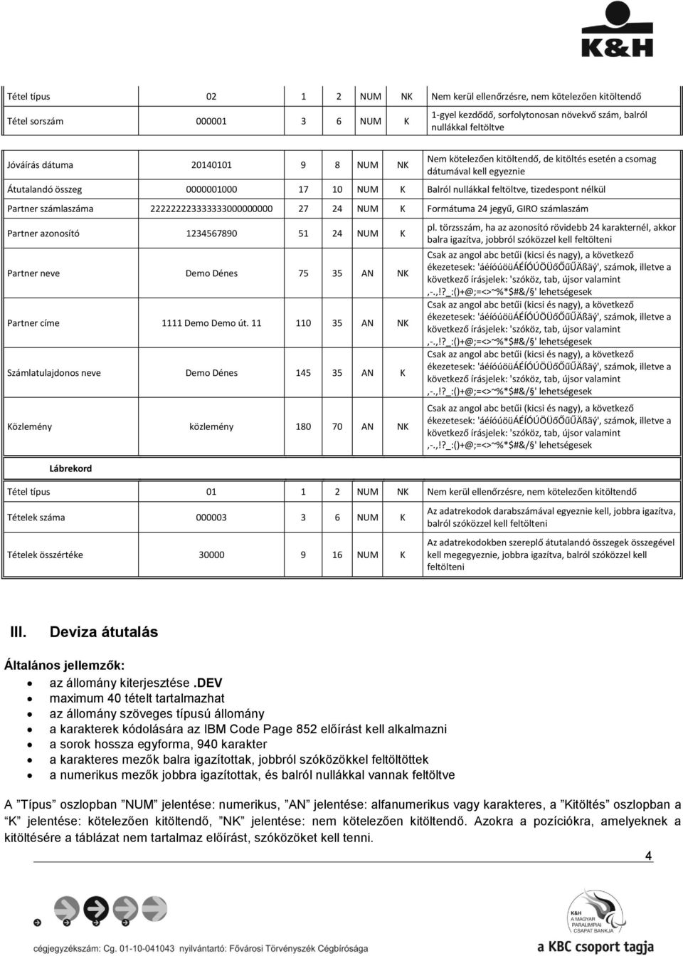Formátuma 24 jegyű, GIRO számlaszám Partner azonosító 1234567890 51 24 NUM K Partner neve Demo Dénes 75 35 AN NK Partner címe 1111 Demo Demo út.