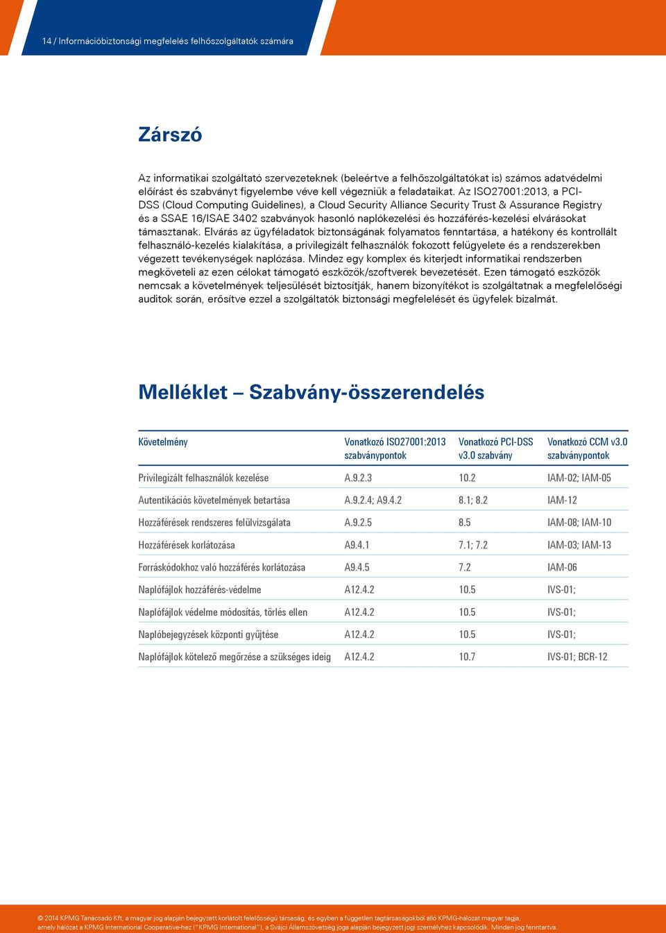 Az ISO27001:2013, a PCI- DSS (Cloud Computing Guidelines), a Cloud Security Alliance Security Trust & Assurance Registry és a SSAE 16/ISAE 3402 szabványok hasonló naplókezelési és hozzáférés-kezelési