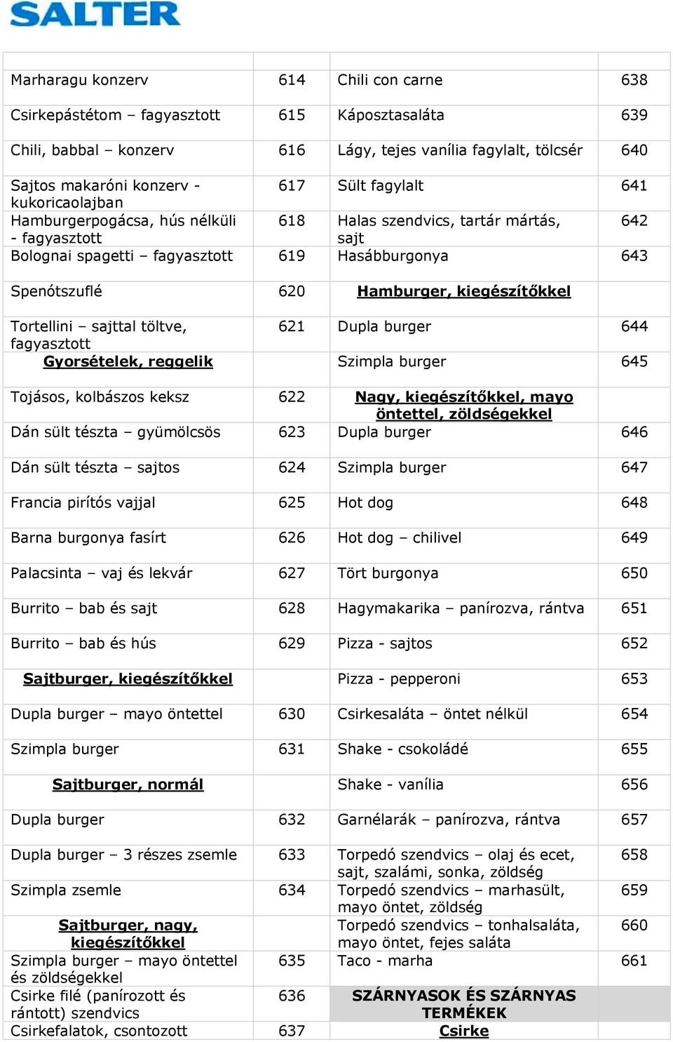 kiegészít kkel Tortellini sajttal töltve, 621 Dupla burger 644 fagyasztott Gyorsételek, reggelik Szimpla burger 645 Tojásos, kolbászos keksz 622 Nagy, kiegészít kkel, mayo öntettel, zöldségekkel Dán