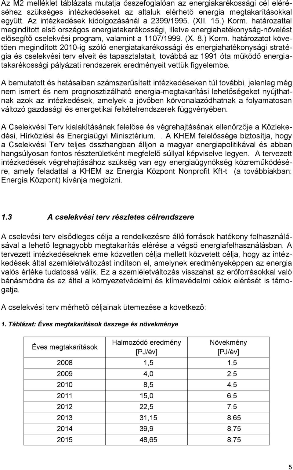 határozattal megindított első országos energiatakarékossági, illetve energiahatékonyság-növelést elősegítő cselekvési program, valamint a 1107/1999. (X. 8.) Korm.