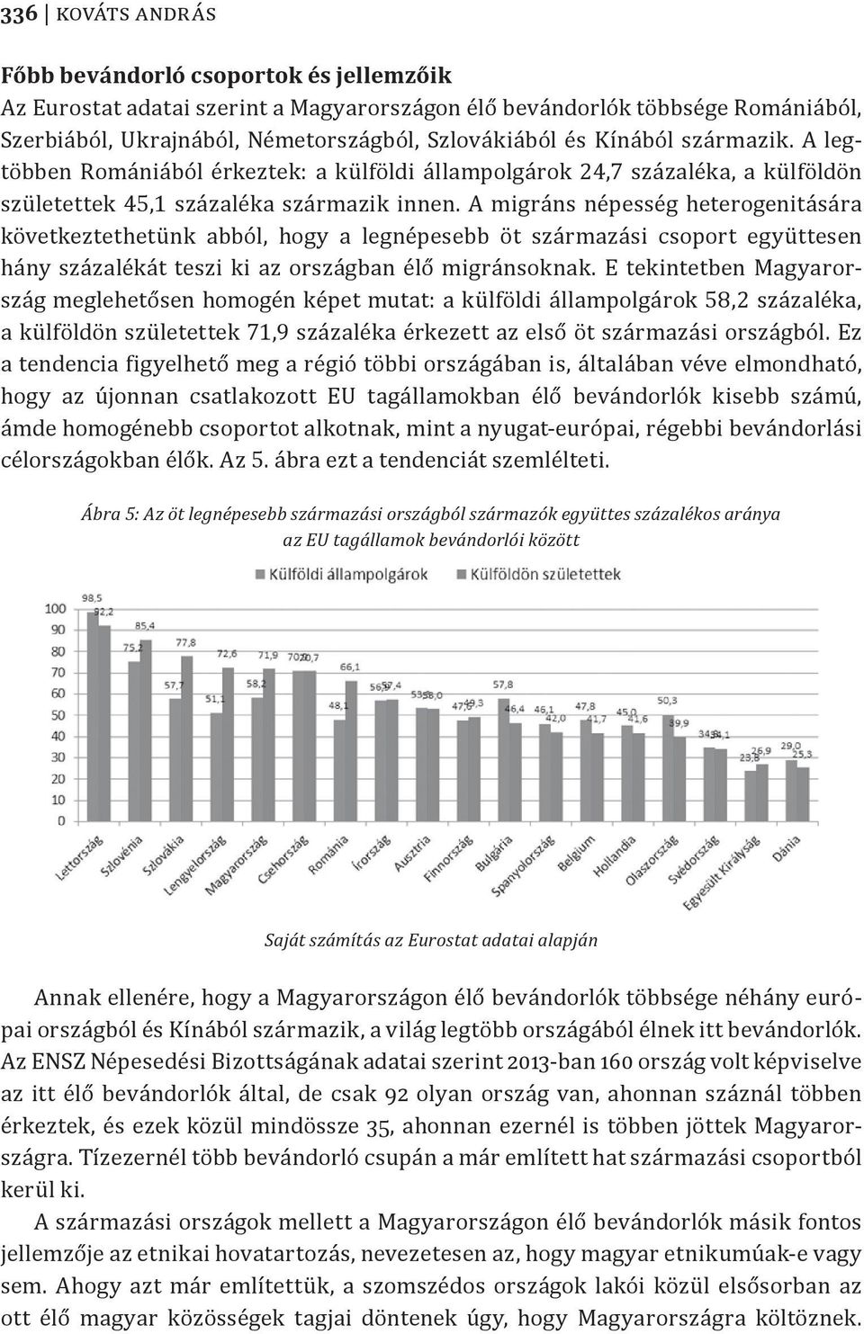 A migráns népesség heterogenitására következtethetünk abból, hogy a legnépesebb öt származási csoport együttesen hány százalékát teszi ki az országban élő migránsoknak.