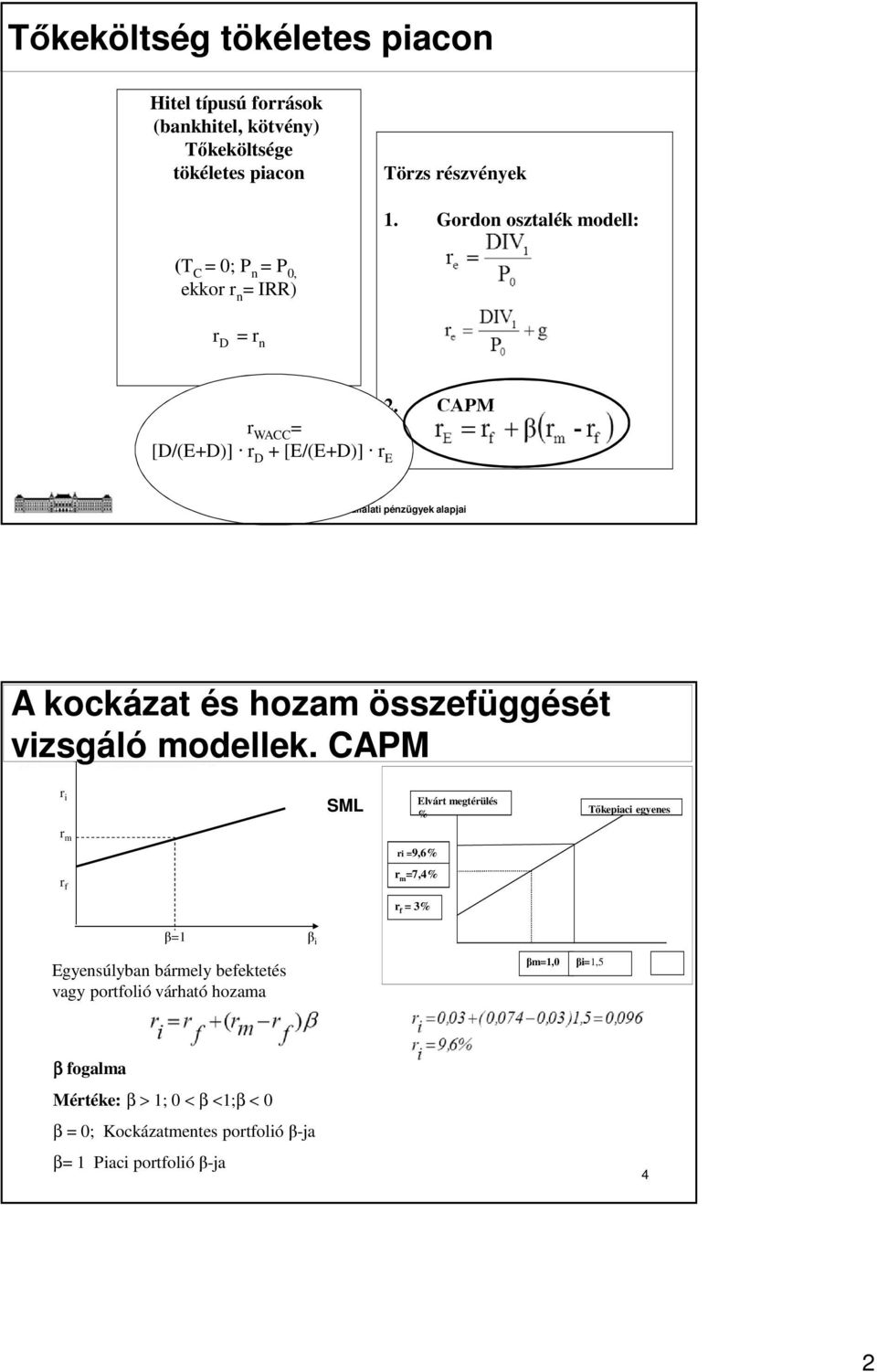 CAPM A kockázat és hozam összefüggését vizsgáló modellek.