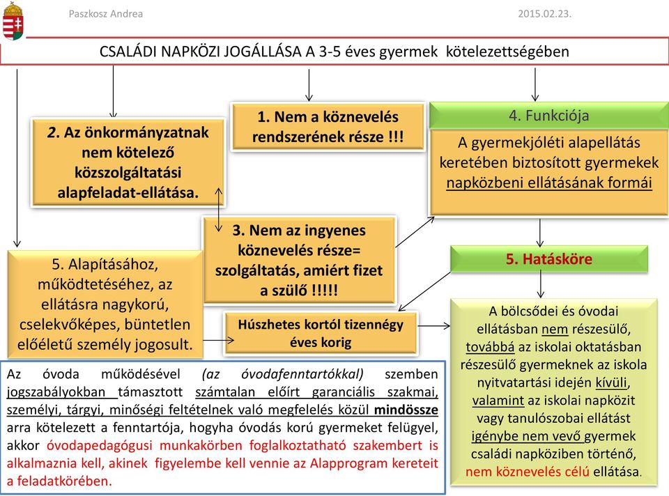 Alapításához, működtetéséhez, az ellátásra nagykorú, cselekvőképes, büntetlen előéletű személy jogosult. 3. Nem az ingyenes köznevelés része= szolgáltatás, amiért fizet a szülő!