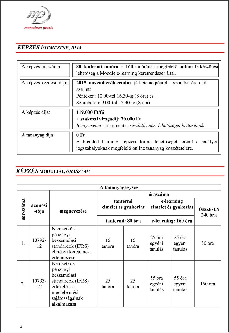 000 Ft/fő + szakmai vizsgadíj: 70.000 Ft Igény esetén kamatmentes részletfizetési lehetőséget biztosítunk.