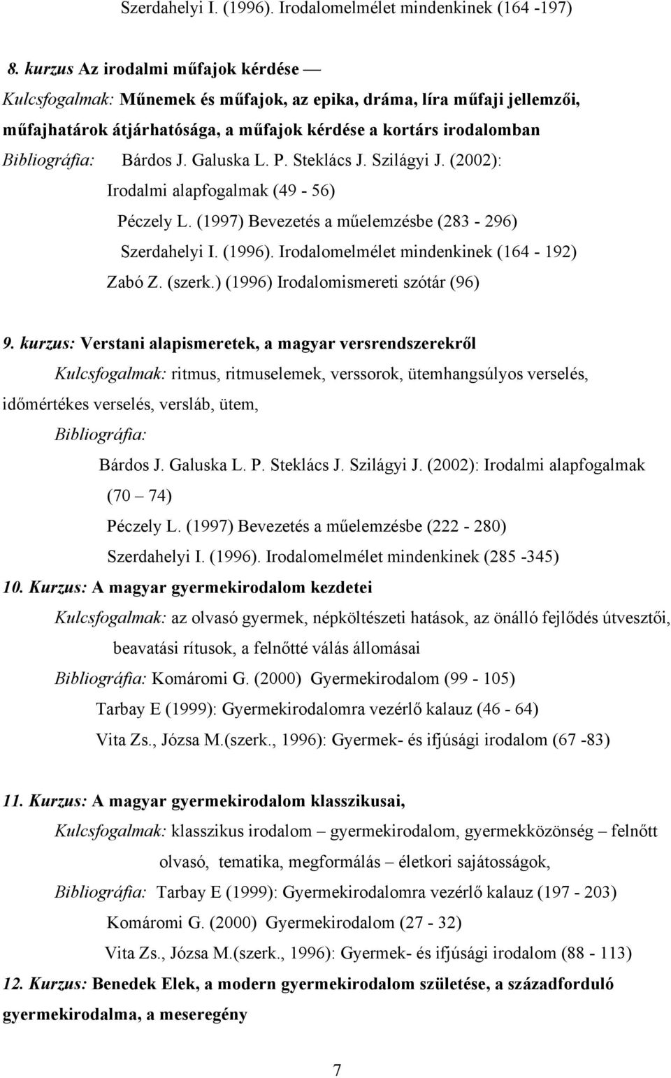 J. Galuska L. P. Steklács J. Szilágyi J. (2002): Irodalmi alapfogalmak (49-56) Péczely L. (1997) Bevezetés a műelemzésbe (283-296) Szerdahelyi I. (1996). Irodalomelmélet mindenkinek (164-192) Zabó Z.