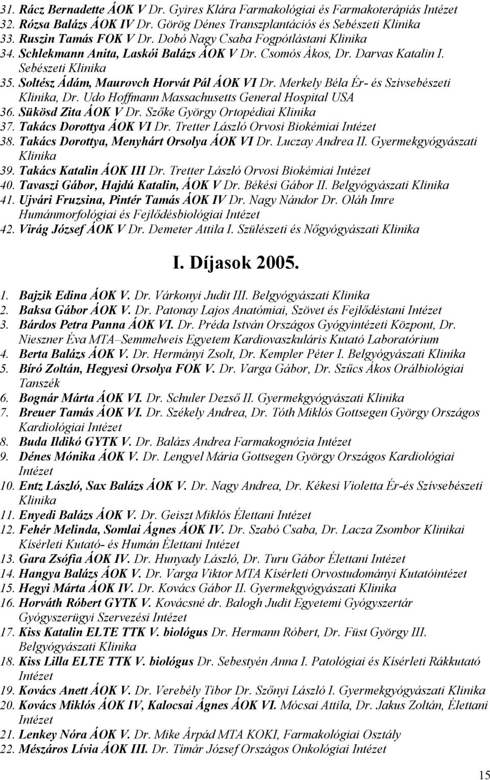 Merkely Béla Ér- és Szívsebészeti, Dr. Udo Hoffmann Massachusetts General Hospital USA 36. Sükösd Zita ÁOK V Dr. Szőke György Ortopédiai 37. Takács Dorottya ÁOK VI Dr.