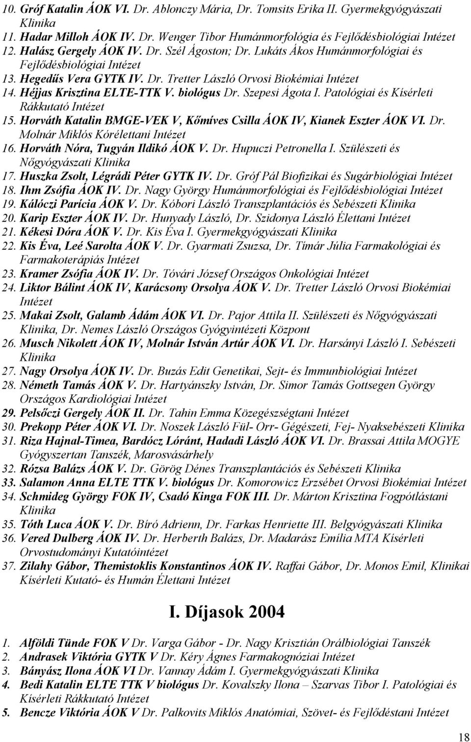 Patológiai és Kísérleti Rákkutató 15. Horváth Katalin BMGE-VEK V, Kőmíves Csilla ÁOK IV, Kianek Eszter ÁOK VI. Dr. Molnár Miklós Kórélettani 16. Horváth Nóra, Tugyán Ildikó ÁOK V. Dr. Hupuczi Petronella I.