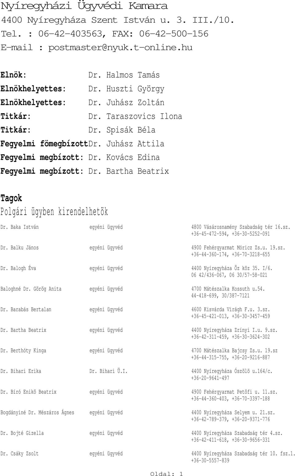 Bartha Beatrix Tagok Polgári ügyben kirendelhetök Dr. Baka István egyéni ügyvéd 4800 Vásárosnamény Szabadság tér 16.sz. +36-45-472-594, +36-30-5252-091 Dr.