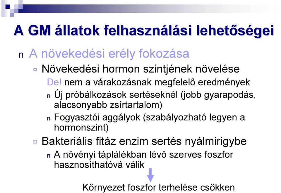 zsírtartalom) Fogyasztói aggályok (szabályozható legyen a hormonszint) Bakteriális fitáz enzim sertés