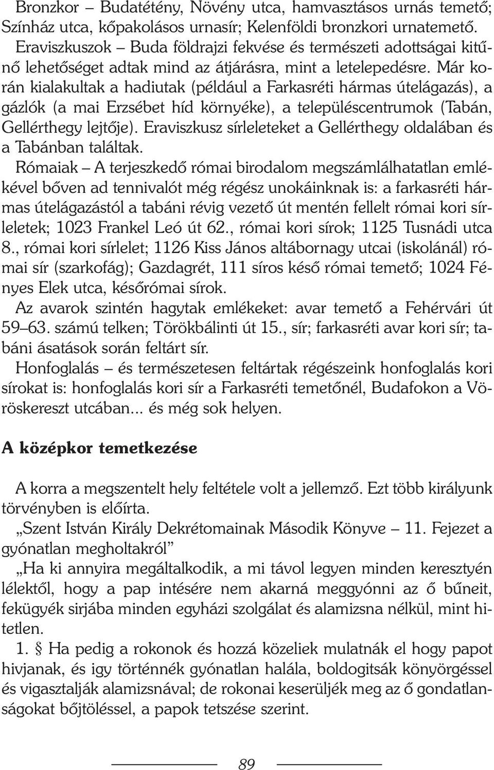 Már korán kialakultak a hadiutak (például a Farkasréti hármas útelágazás), a gázlók (a mai Erzsébet híd környéke), a településcentrumok (Tabán, Gellérthegy lejtõje).