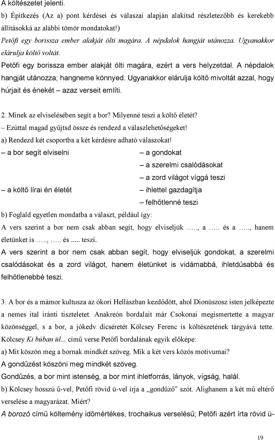 Ugyanakkor elárulja költő mivoltát azzal, hogy húrjait és énekét azaz verseit említi. 2. Minek az elviselésében segít a bor? Milyenné teszi a költő életét?