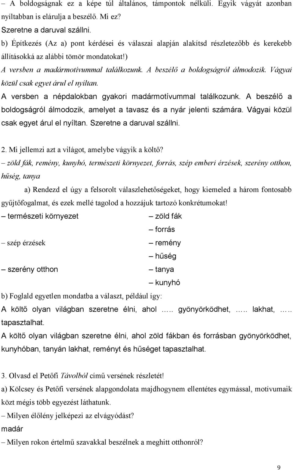 A beszélő a boldogságról álmodozik. Vágyai közül csak egyet árul el nyíltan. A versben a népdalokban gyakori madármotívummal találkozunk.