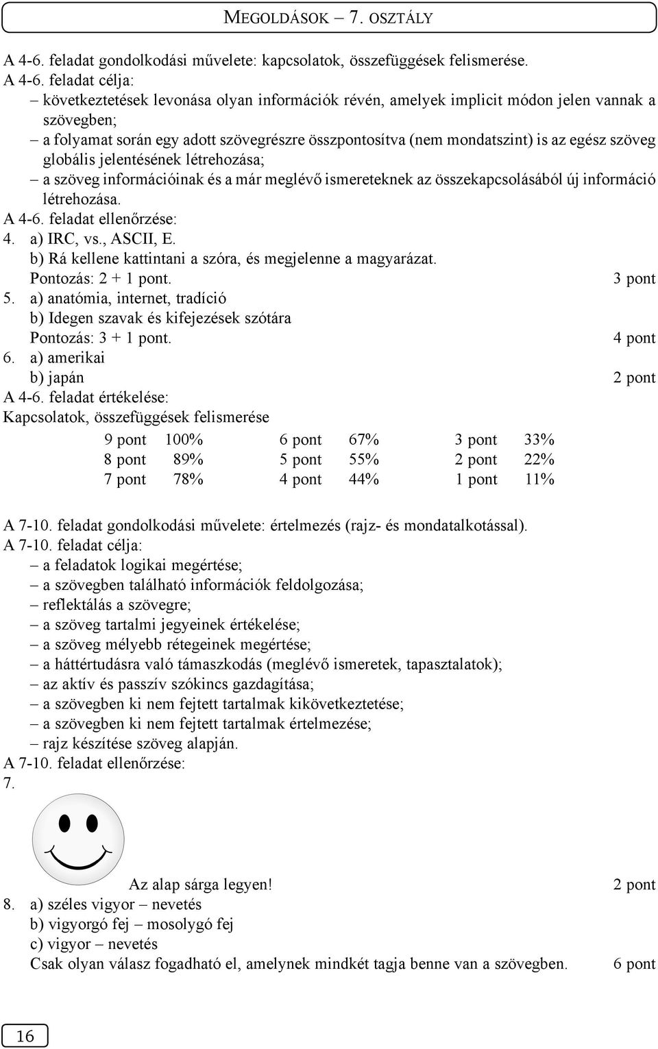 szöveg globális jelentésének létrehozása; a szöveg információinak és a már meglévő ismereteknek az összekapcsolásából új információ létrehozása. A 4-6. feladat ellenőrzése: 4. a) IRC, vs., ASCII, E.