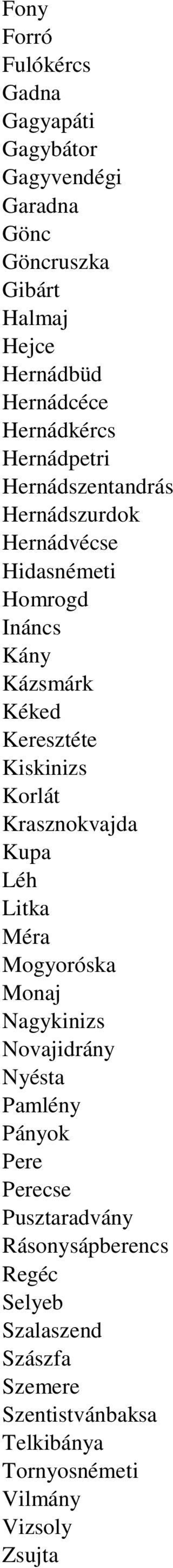 Kiskinizs Korlát Krasznokvajda Kupa Léh Litka Méra Mogyoróska Monaj Nagykinizs Novajidrány Nyésta Pamlény Pányok Pere Perecse