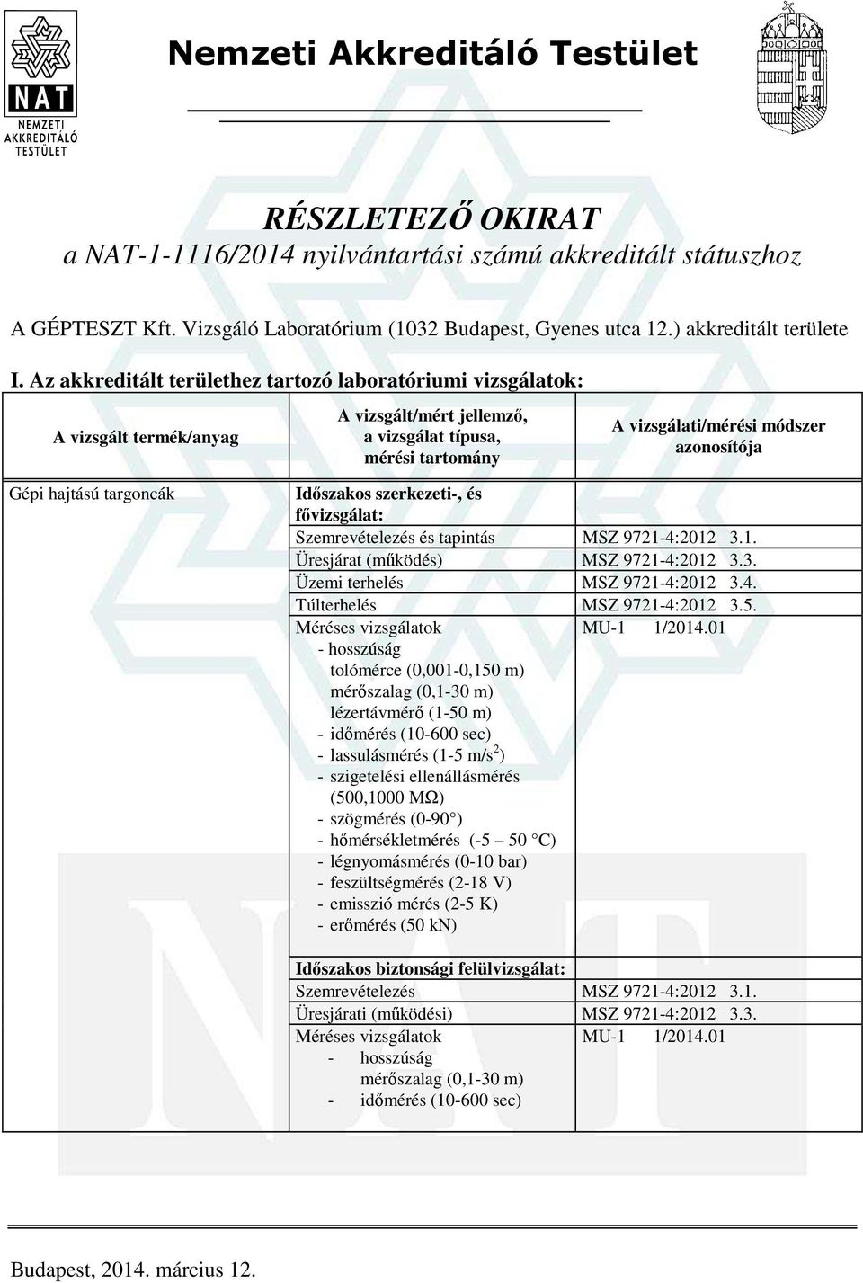 Az akkreditált területhez tartozó laboratóriumi vizsgálatok: Gépi hajtású targoncák Időszakos szerkezeti-, és fővizsgálat: Szemrevételezés és tapintás MSZ 9721-