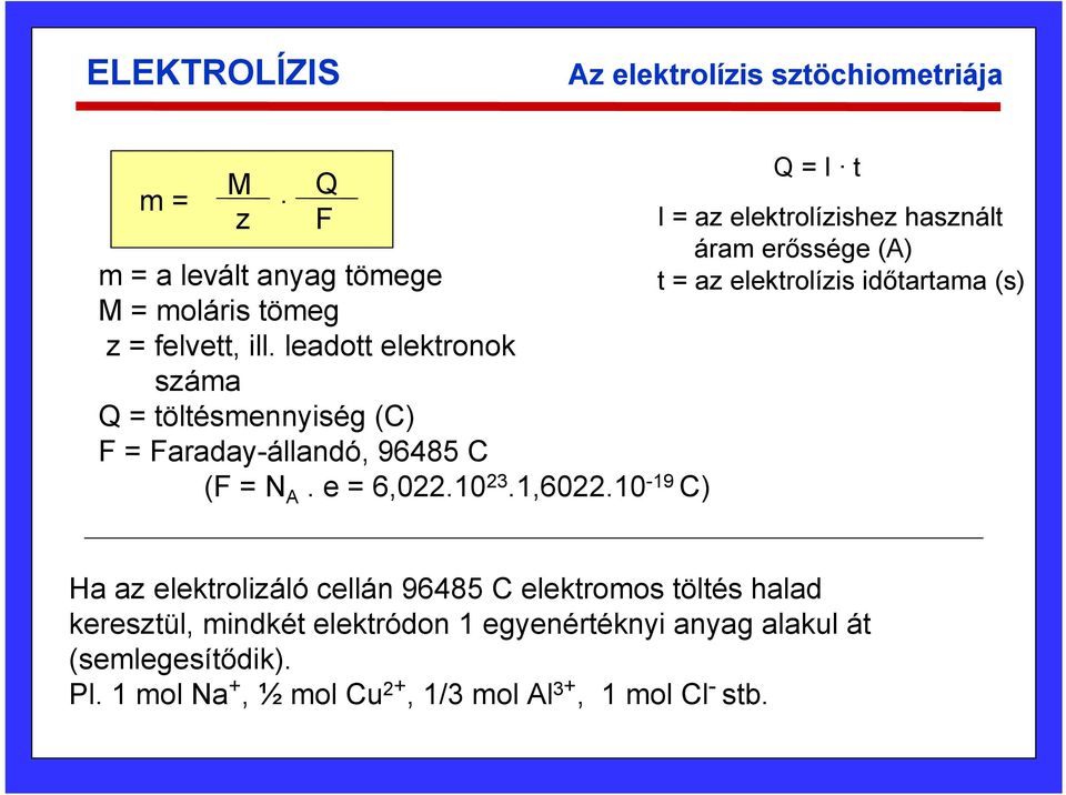 10-19 C) Q = I t I = az elektrolízishez használt áram erőssége (A) t = az elektrolízis időtartama (s) Ha az elektrolizáló cellán