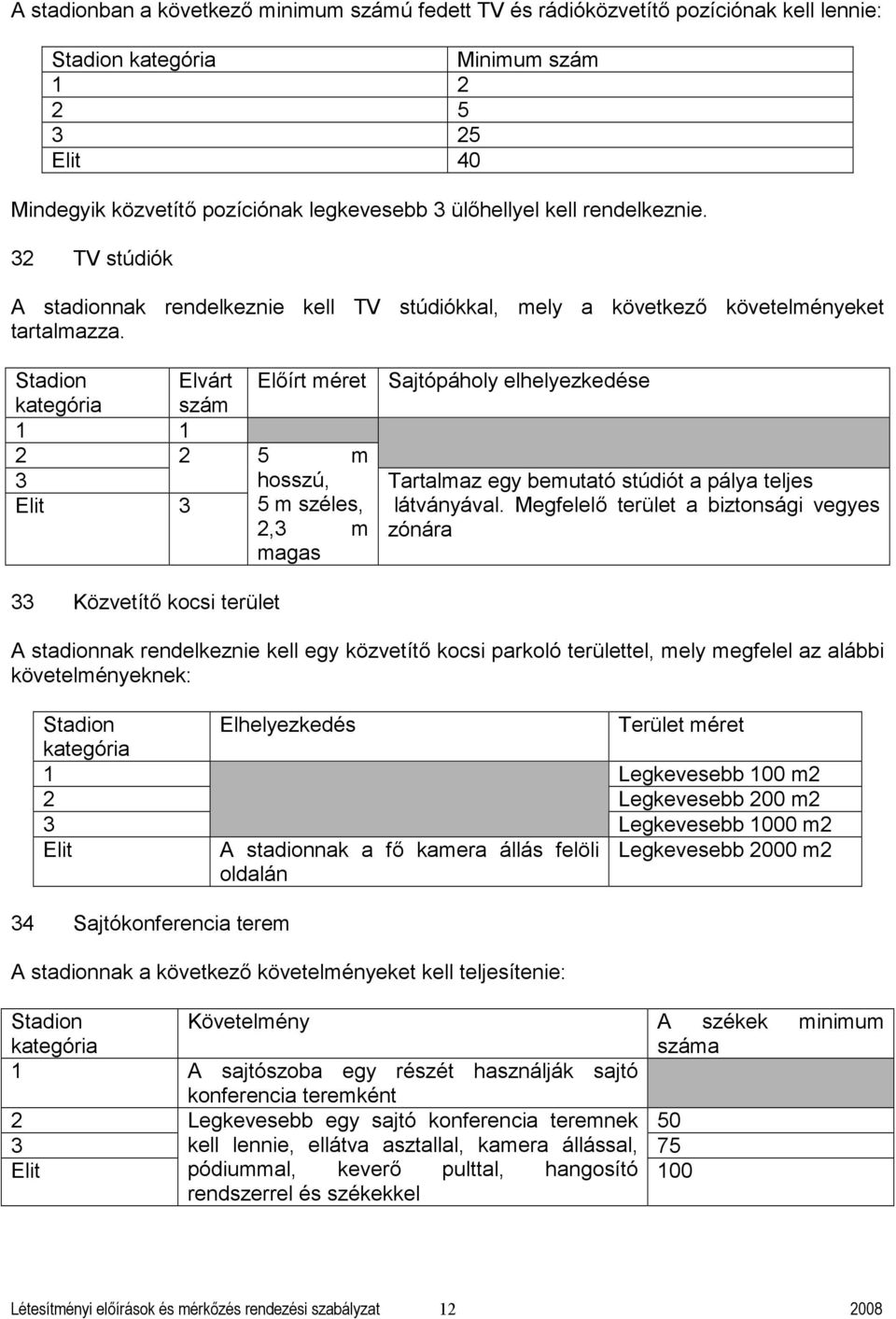 Stdion Elvárt ktegóri szám 1 1 2 2 3 Elit 3 Előírt méret 5 m hosszú, 5 m széles, 2,3 m mgs Sjtópáholy elhelyezkedése Trtlmz egy emuttó stúdiót pály teljes látványávl.