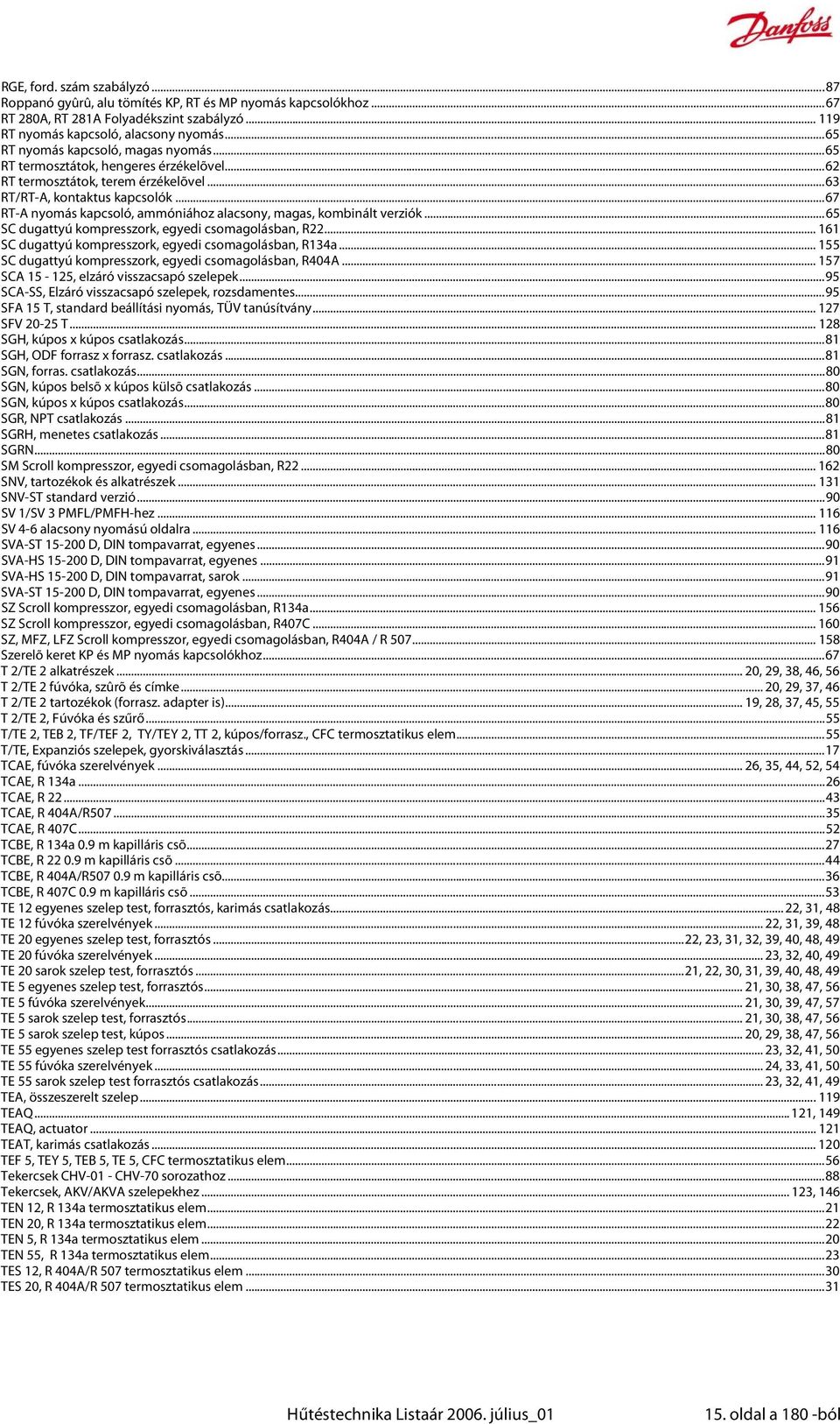 ..67 RT-A nyomás kapcsoló, ammóniához alacsony, magas, kombinált verziók...65 SC dugattyú kompresszork, egyedi csomagolásban, R22... 161 SC dugattyú kompresszork, egyedi csomagolásban, R134a.