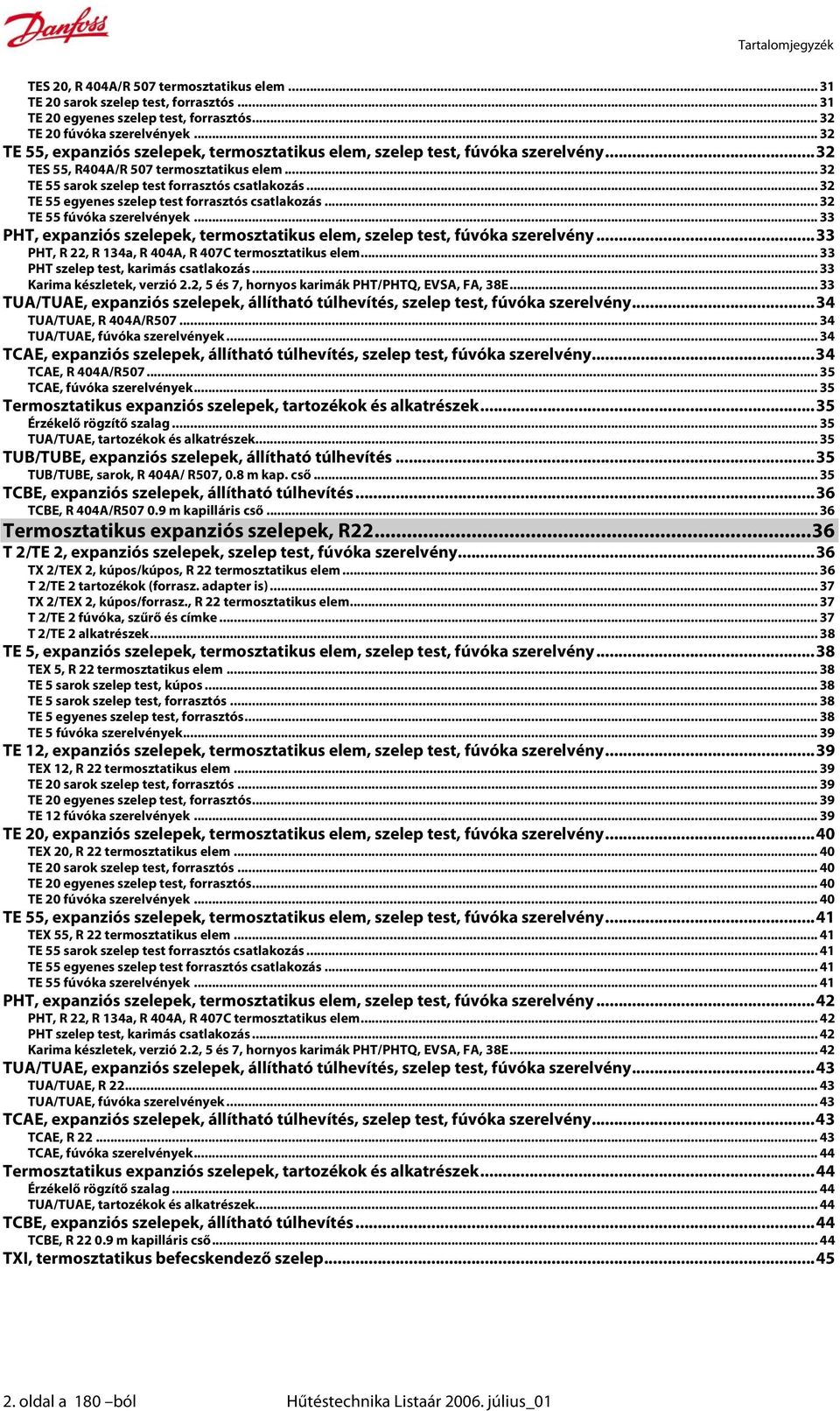 .. 32 TE 55 egyenes szelep test forrasztós csatlakozás... 32 TE 55 fúvóka szerelvények... 33 PHT, expanziós szelepek, termosztatikus elem, szelep test, fúvóka szerelvény.