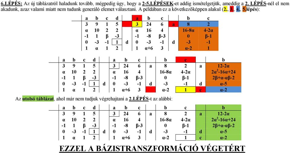 lépés): b c 3 24 6 a 8 2 α 16 4 16-8α 4-2α -1-8 β-3 0 β-1 d -3-1 1 α+6 3 α-2 1 b c b 3 24 6 a 8 2 a 12-2α α 16 4 16-8α 4-2α 2α 2-16α+24-1 -8 β-3 0 β-1 2β+α-αβ-2 d -3-1