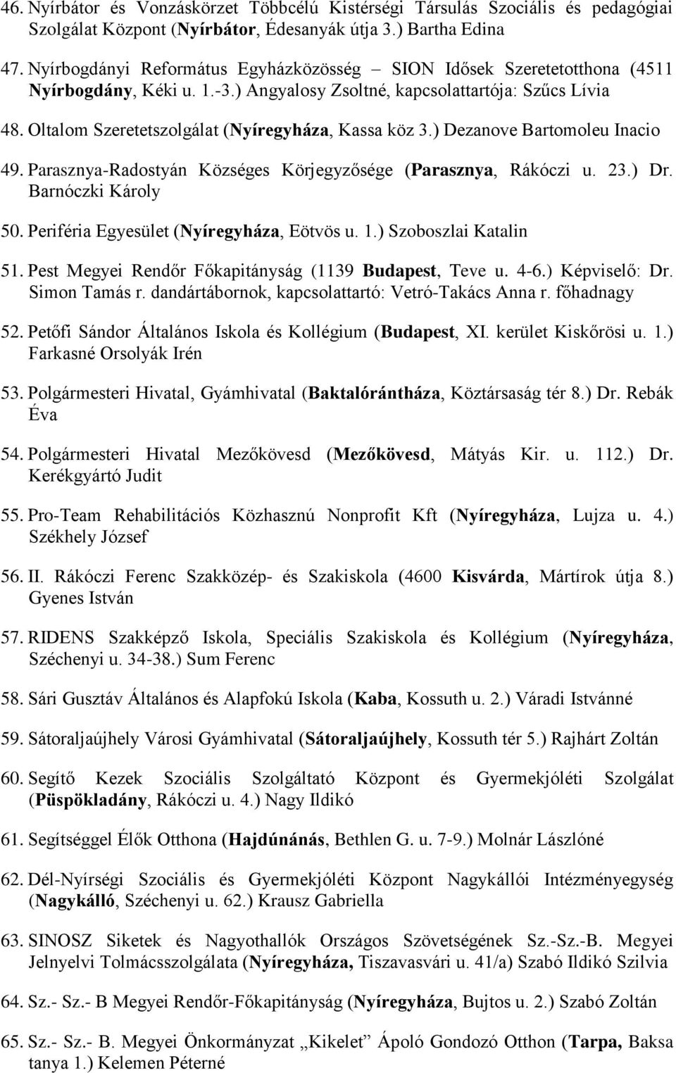 Oltalom Szeretetszolgálat (Nyíregyháza, Kassa köz 3.) Dezanove Bartomoleu Inacio 49. Parasznya-Radostyán Községes Körjegyzősége (Parasznya, Rákóczi u. 23.) Dr. Barnóczki Károly 50.