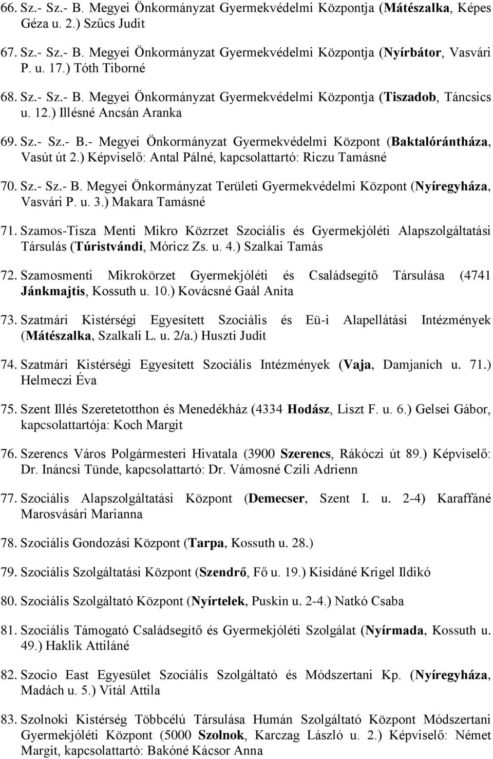 ) Képviselő: Antal Pálné, kapcsolattartó: Riczu Tamásné 70. Sz.- Sz.- B. Megyei Önkormányzat Területi Gyermekvédelmi Központ (Nyíregyháza, Vasvári P. u. 3.) Makara Tamásné 71.