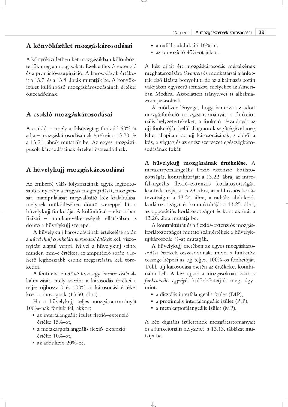 A csukló mozgáskárosodásai A csukló amely a felsôvégtag-funkció 60%-át adja mozgáskárosodásainak értékeit a 13.20. és a 13.21. ábrák mutatják be.