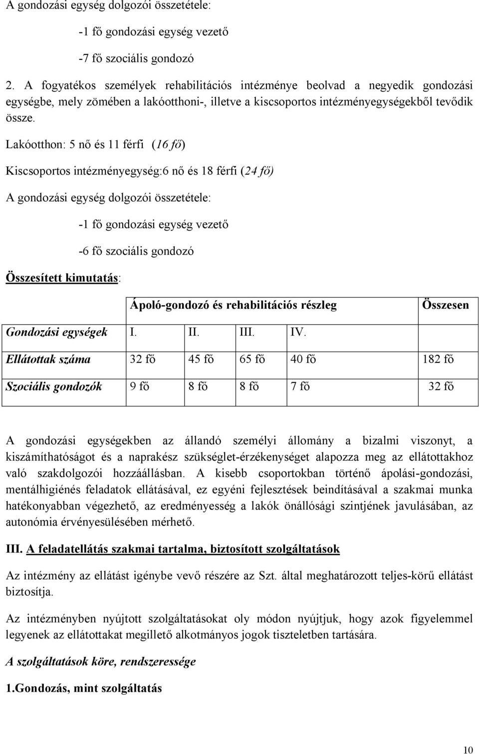 Lakóotthon: 5 nő és 11 férfi (16 fő) Kiscsoportos intézményegység:6 nő és 18 férfi (24 fő) A gondozási egység dolgozói összetétele: Összesített kimutatás: -1 fő gondozási egység vezető -6 fő