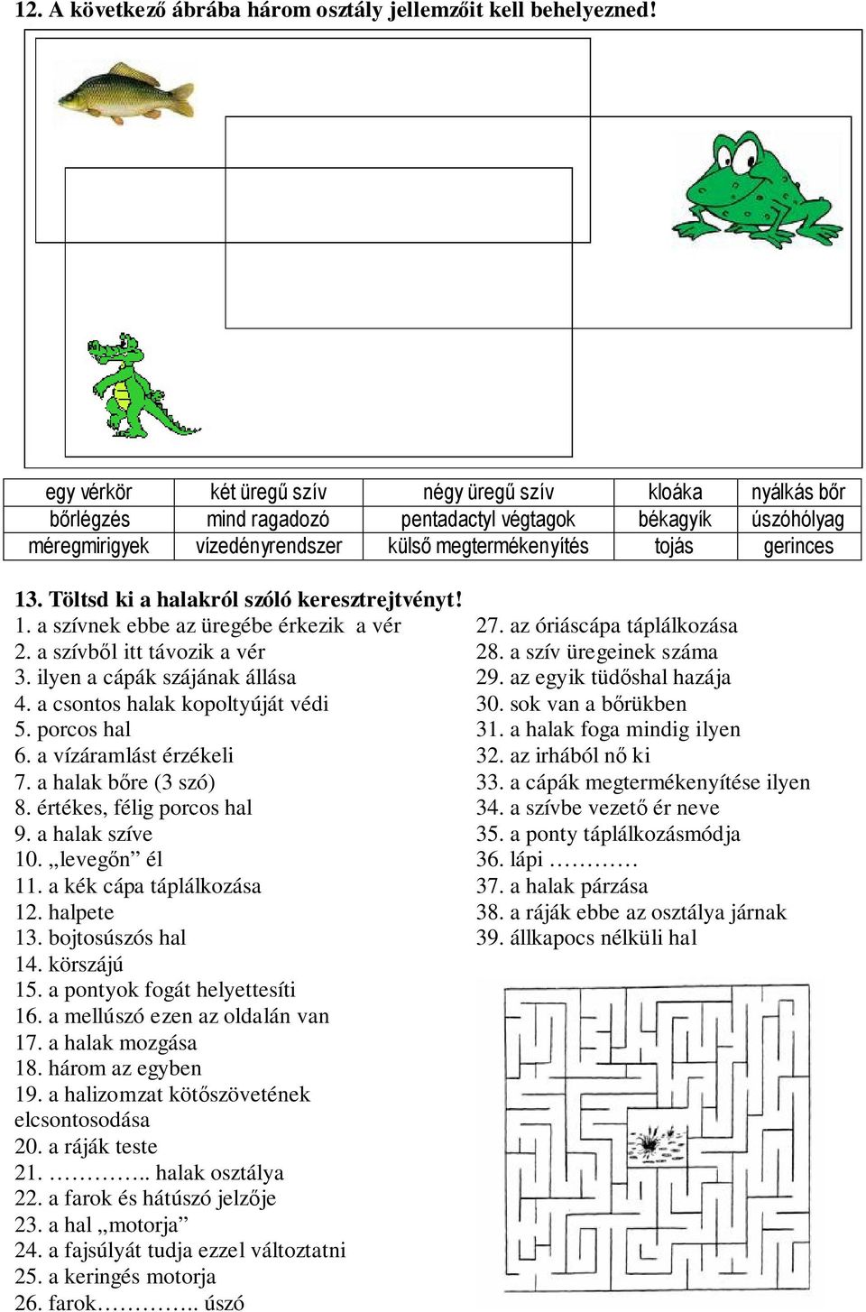 Töltsd ki a halakról szóló keresztrejtvényt! 1. a szívnek ebbe az üregébe érkezik a vér 2. a szívből itt távozik a vér 3. ilyen a cápák szájának állása 4. a csontos halak kopoltyúját védi 5.