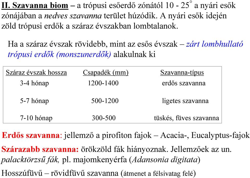 Ha a száraz évszak rövidebb, mint az esős évszak zárt lombhullató trópusi erdők (monszunerdők) alakulnak ki Száraz évszak hossza Csapadék (mm) Szavanna-típus 3-4 hónap