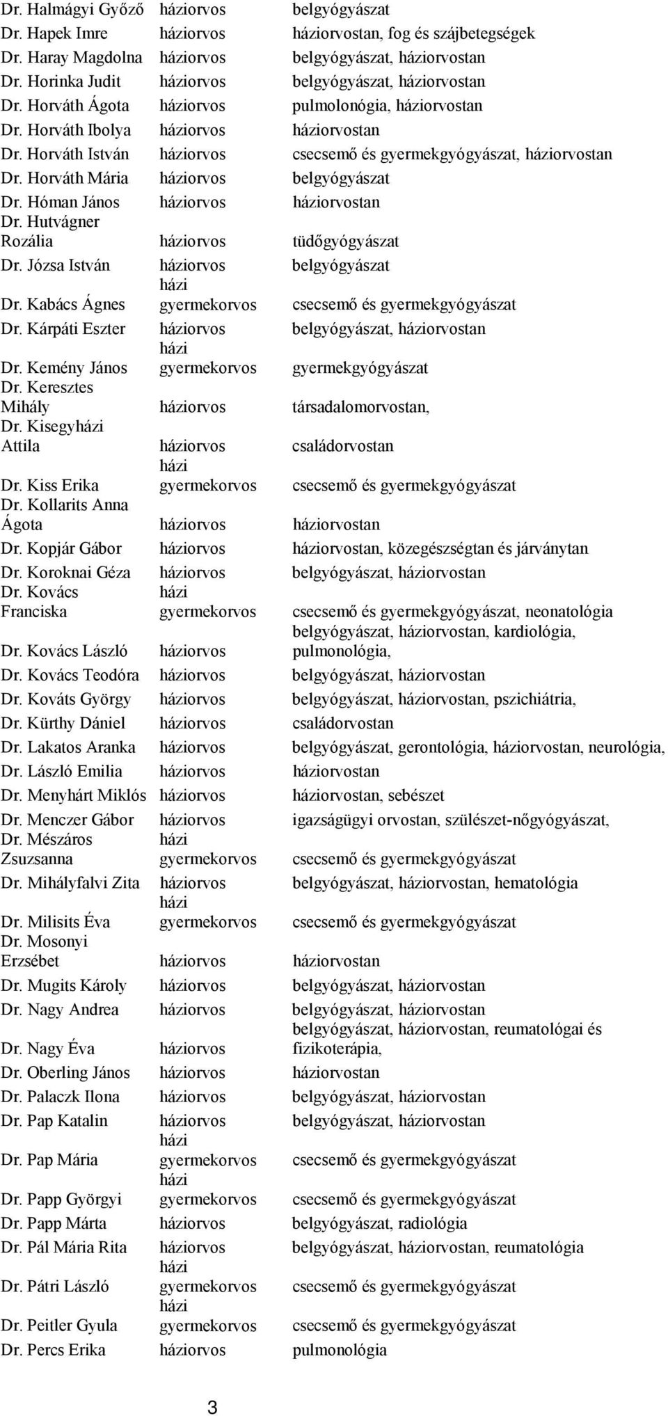 Hóman János orvos orvostan Dr. Hutvágner Rozália orvos tüdőgyógyászat Dr. Józsa István orvos belgyógyászat Dr. Kabács Ágnes Dr. Kárpáti Eszter orvos belgyógyászat, orvostan Dr.