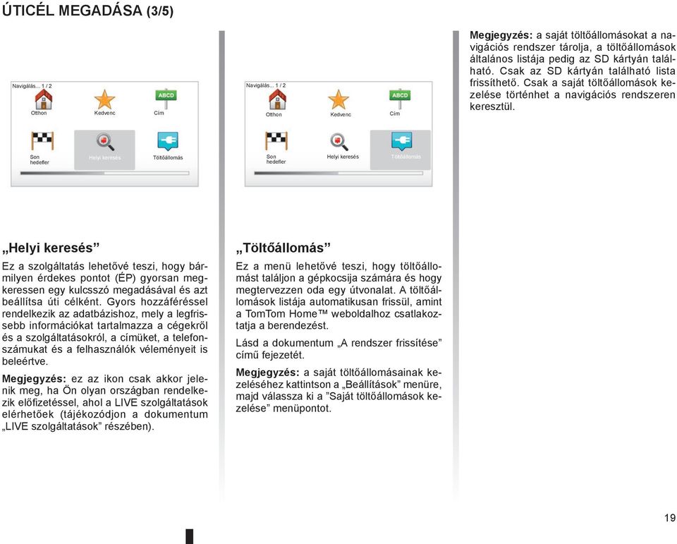 Csak az SD kártyán található lista frissíthető. Csak a saját töltőállomások kezelése történhet a navigációs rendszeren keresztül.