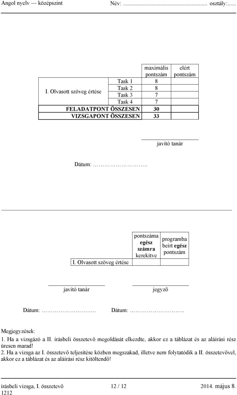 Olvasott szöveg értése pontszáma egész számra kerekítve programba beírt egész pontszám javító tanár jegyző Dátum:.. Dátum:.. Megjegyzések: 1.