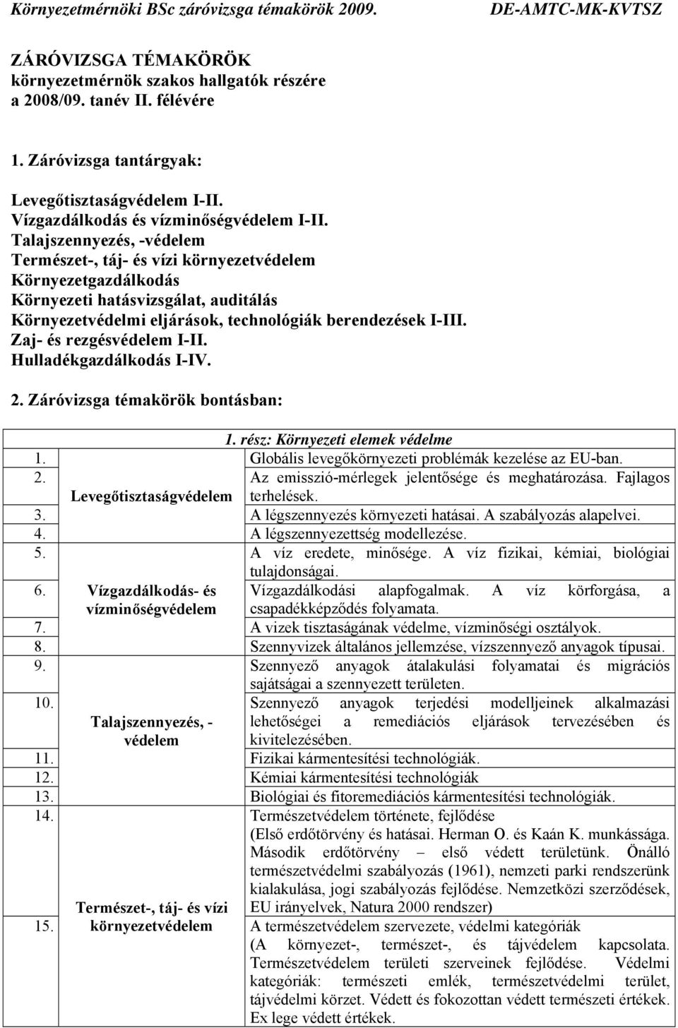 Talajszennyezés, -védelem Természet-, táj- és vízi környezetvédelem Környezetgazdálkodás Környezeti hatásvizsgálat, auditálás Környezetvédelmi eljárások, technológiák berendezések I-III.